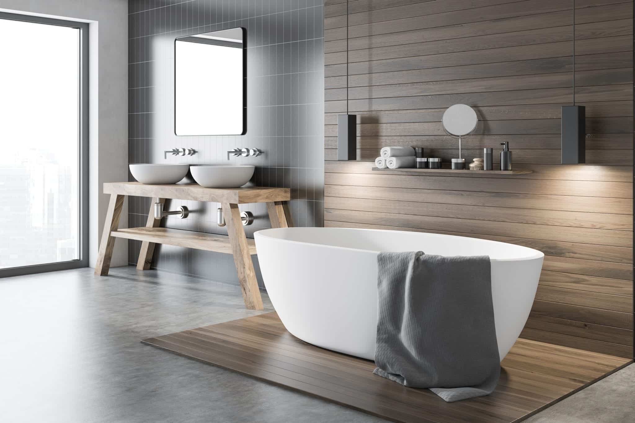 modern bathroom with white bathtub