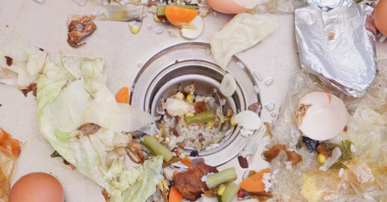 A close-up of a kitchen sink clogged with eggshells, rice, vegetable scraps, and other pieces of trash.