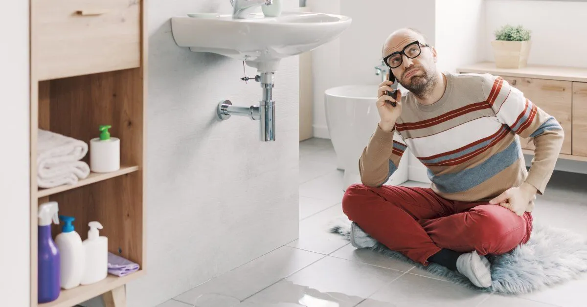 A bearded man in glasses is talking on a cellphone while sitting on a bathroom floor in front of a puddle of water.