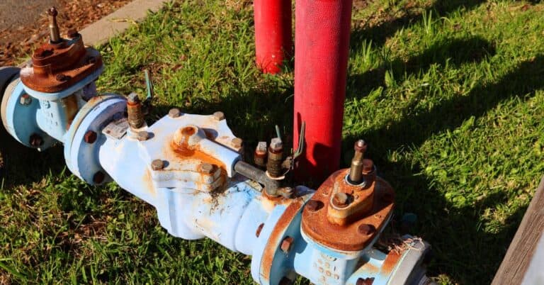 Backflow preventers on a street corner, adjacent to a PIV and pillar fire hydrant and ready for inspection.