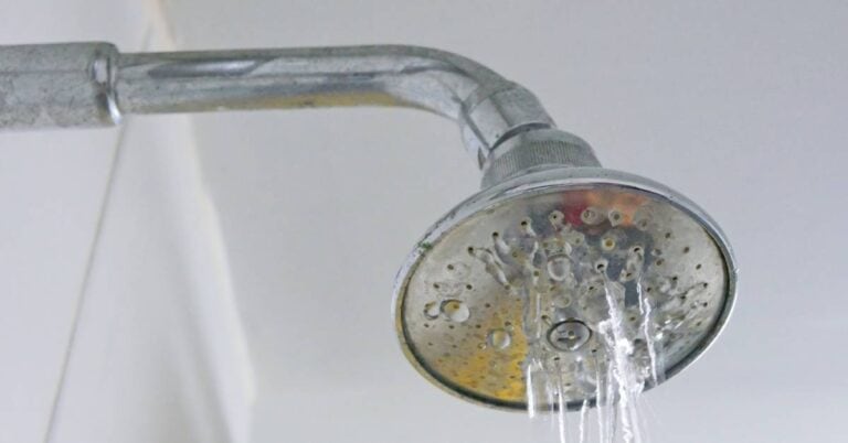 A shower head has multiple clogged nozzles. The reduced water flow lets out only a few streams of water.