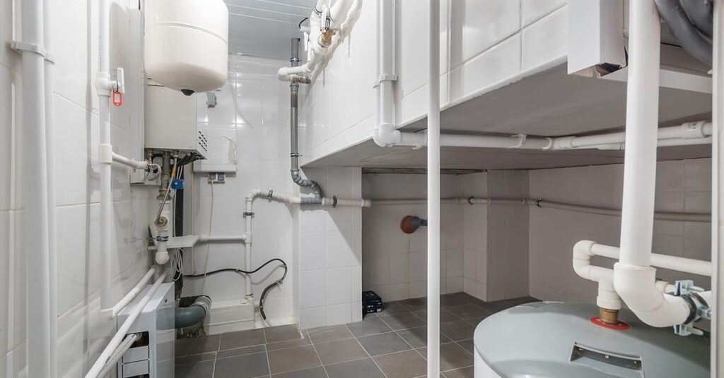 A water heater and multiple pipes set along the walls of a room in a house. The room is clean and empty.