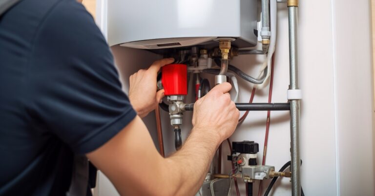 A plumber working on repairs for an electric water heater in a house. They are touching the pipes and valves.