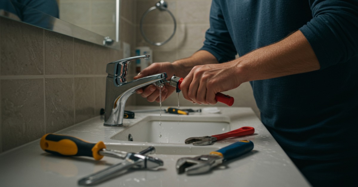A handyman repairing a dripping bathroom faucet. He has a variety of tools across the counter while working.