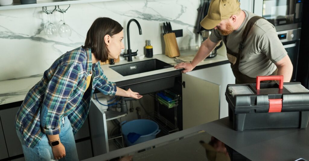 A woman gesturing toward open cabinets under a kitchen sink while a man in a cap looks down beside a toolbox.