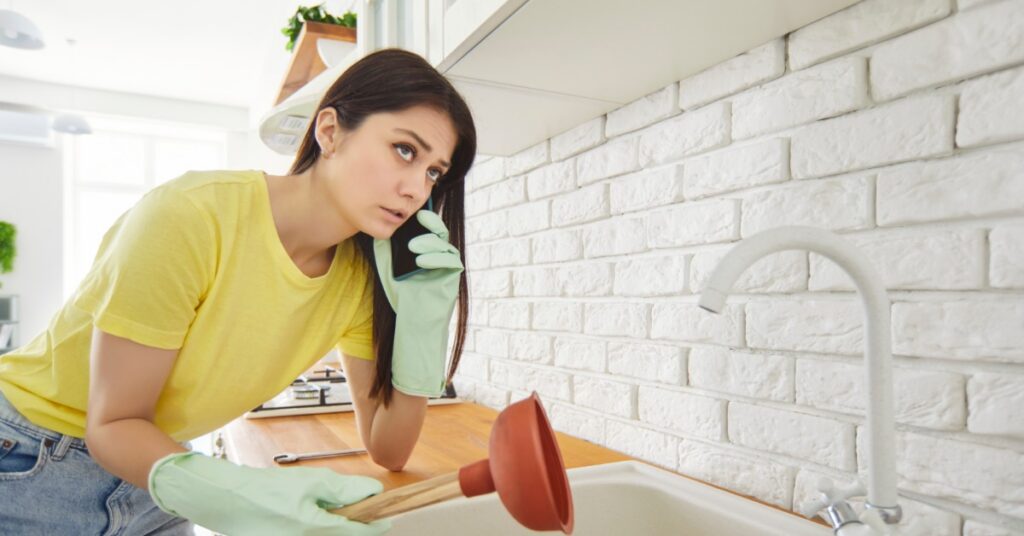 A woman in yellow rubber gloves holding a cup, a plunger, and a phone while standing beside a kitchen sink.