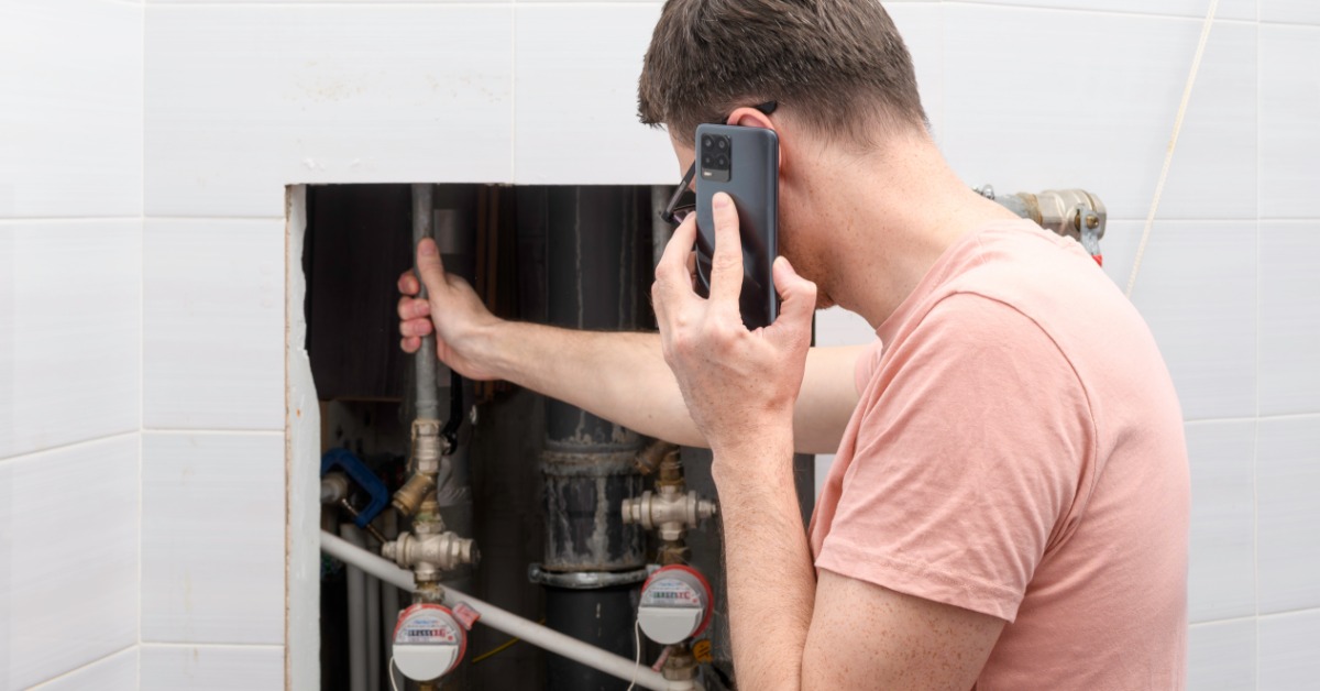 A man holding a phone beside an open tiled utility hatch with exposed pipes and water meters inside a wall.