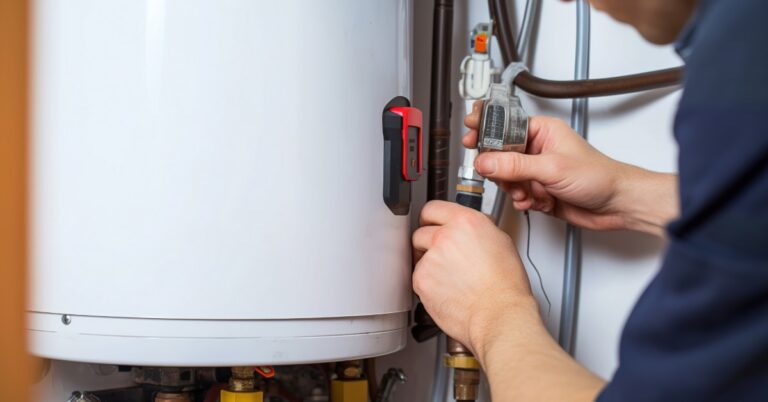 A plumber adjusting pipes and holding a small part beside a white water heater with valves and wiring.